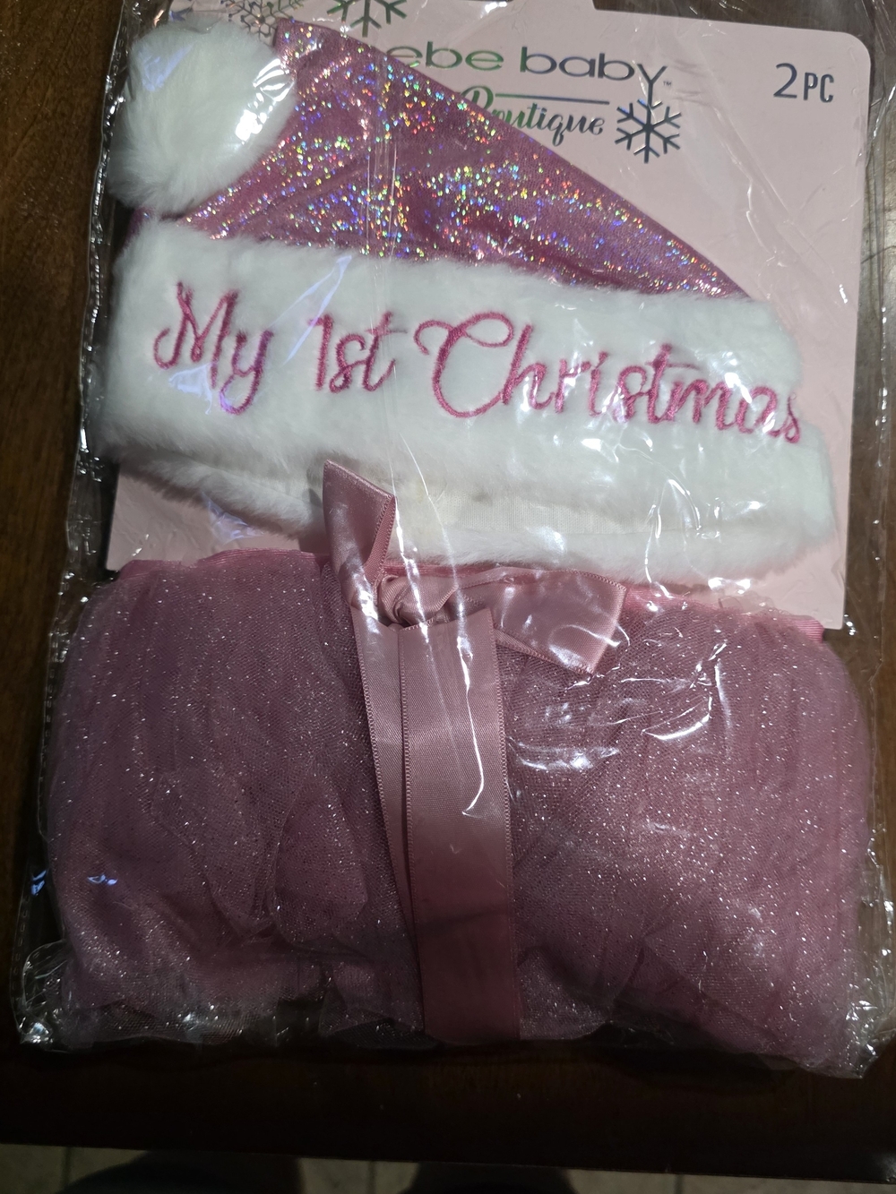 bebe Pink and White "My 1st Christmas" Baby Hat & Tutu Set